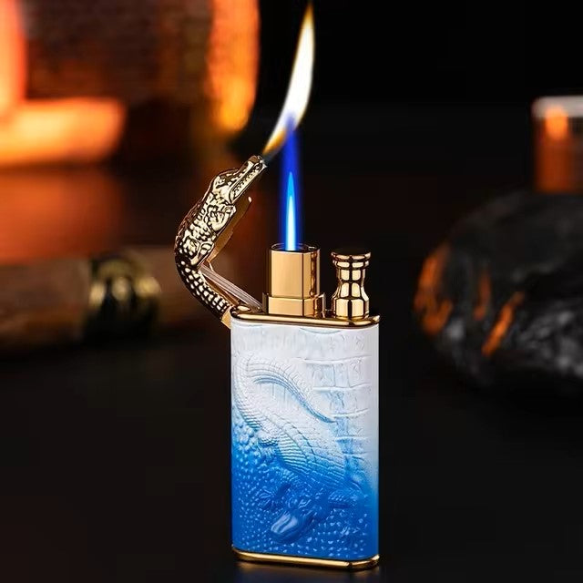 3D Embossed Dragon Crocodile Dual Fire Lighter Metal Windproof Jet Fire Open Flame Convertible Gas Lighter Smoking Men Gift