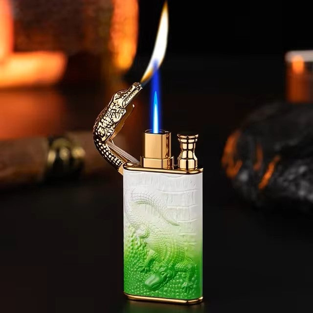 3D Embossed Dragon Crocodile Dual Fire Lighter Metal Windproof Jet Fire Open Flame Convertible Gas Lighter Smoking Men Gift