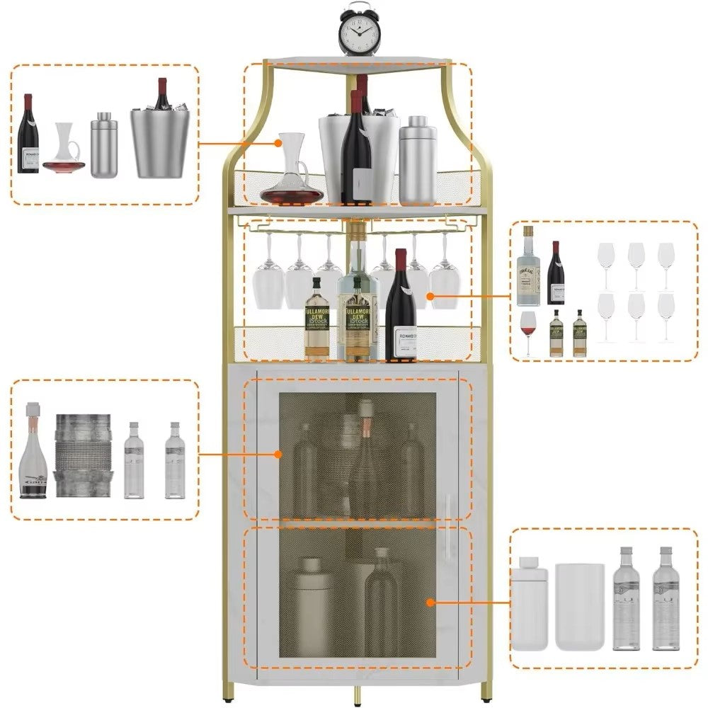 Corner Wine Bar Rack Cabinet with Detachable, Bar Cabinet with Glass Holder, Small Sideboard and Buffet Cabinet with Mesh Door - Dealshavens