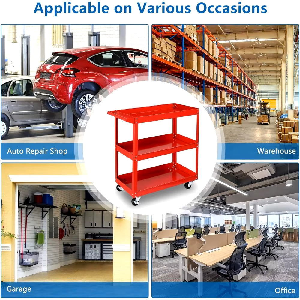 Tool Cart on Wheels, 3 Tier Rolling Mechanic Tool Cart, Heavy Duty Steel Utility Cart w/Lockable Wheels, 450 LBS Capacity - Dealshavens