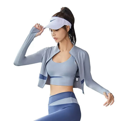 Women Yoga Patchwork 3 Piece Set Fitness Gym Coats+Bra+Leggings Workout Running Sportswear Clothing Tracksuit Ensemble Femme - Dealshavens