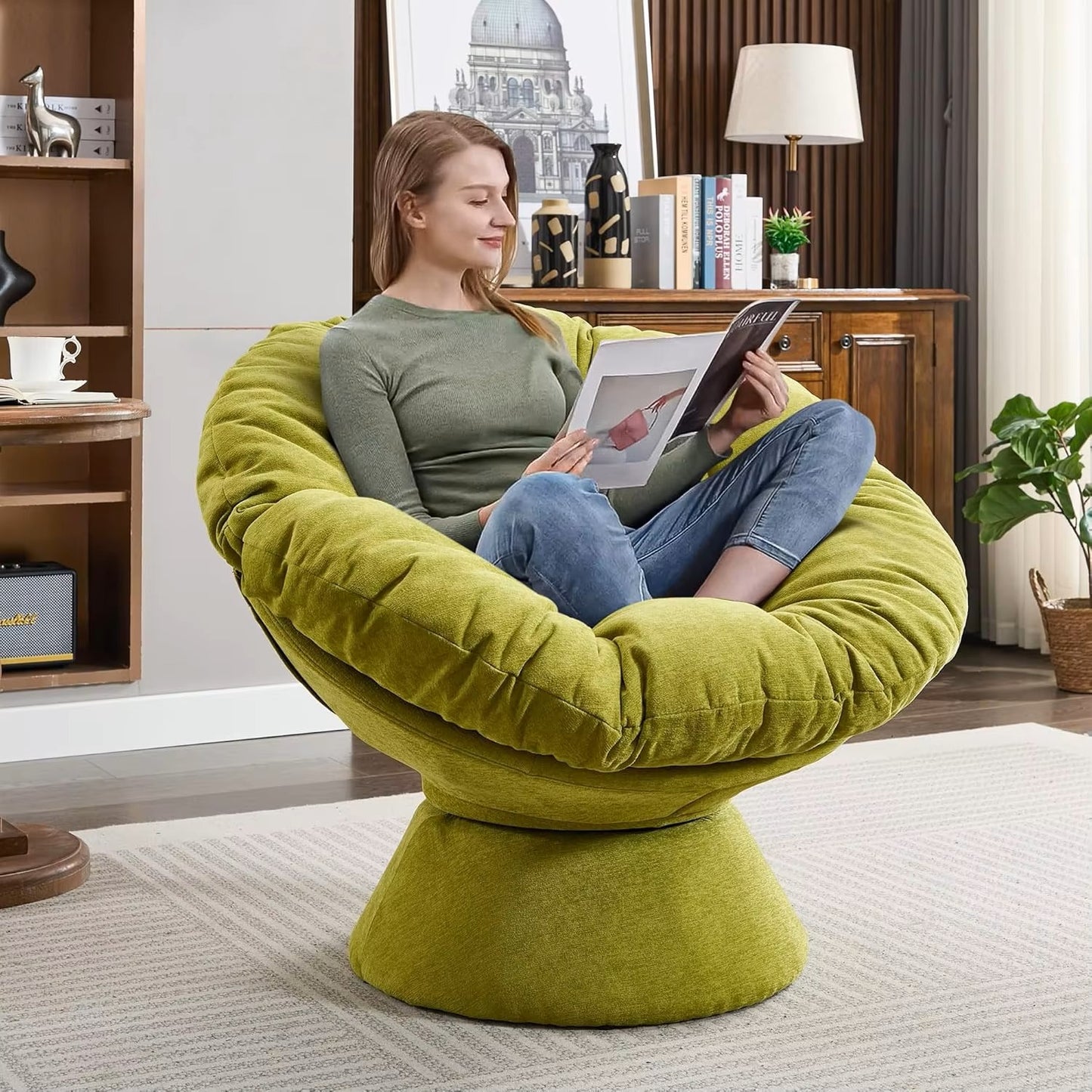 Papasan Chair with Cushion and Frame 360° Swivel Accent Chair Comfy Chenille Upholstered Round Modern Oversized Reading Chair - Dealshavens