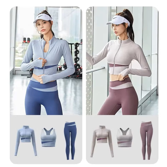 Women Yoga Patchwork 3 Piece Set Fitness Gym Coats+Bra+Leggings Workout Running Sportswear Clothing Tracksuit Ensemble Femme - Dealshavens