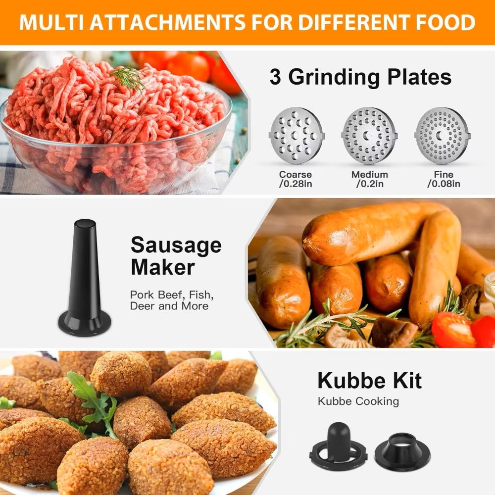 Stainless steel food grinder with sausage tube, meat grinder 2500W, sausage stuffer maker Kubbe Maker for Kitchen in Homes - Dealshavens