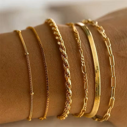 6Pcs Gold Color Bracelet Set Boho Retro Multilayer Thick Twist Cuban Chain Bracelet For Women 2024 Trendy Quality Jewelry Gifts