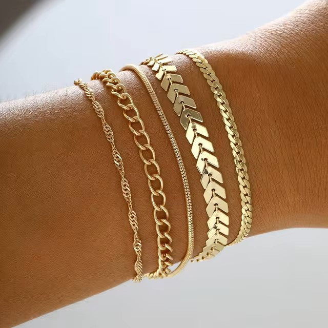 6Pcs Gold Color Bracelet Set Boho Retro Multilayer Thick Twist Cuban Chain Bracelet For Women 2024 Trendy Quality Jewelry Gifts