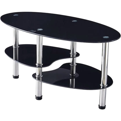 Oval-Shaped Glass Tea Table for Office, 3-Tier Storage rack Modern Coffee Table, End Table for Living Room (Black) - Dealshavens