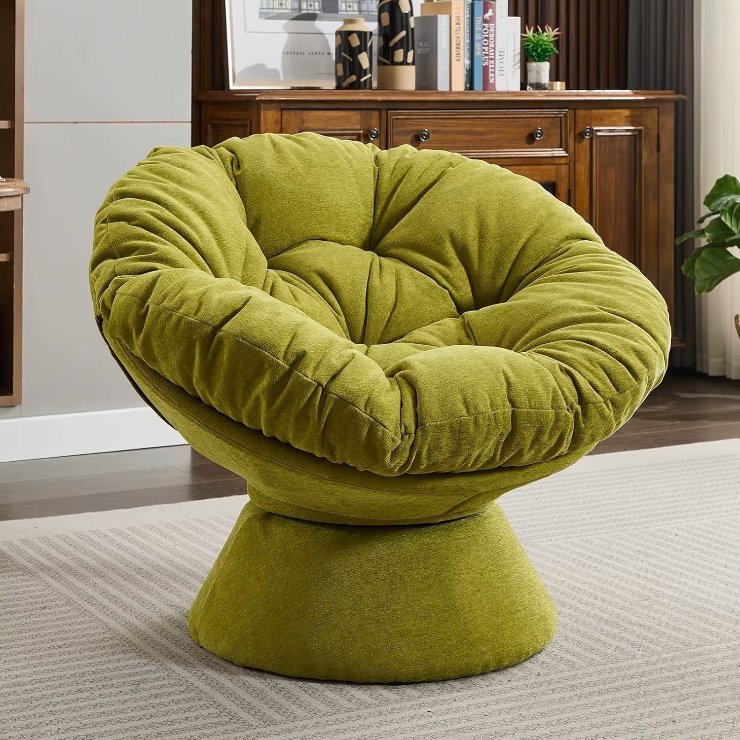 Papasan Chair with Cushion and Frame 360° Swivel Accent Chair Comfy Chenille Upholstered Round Modern Oversized Reading Chair - Dealshavens