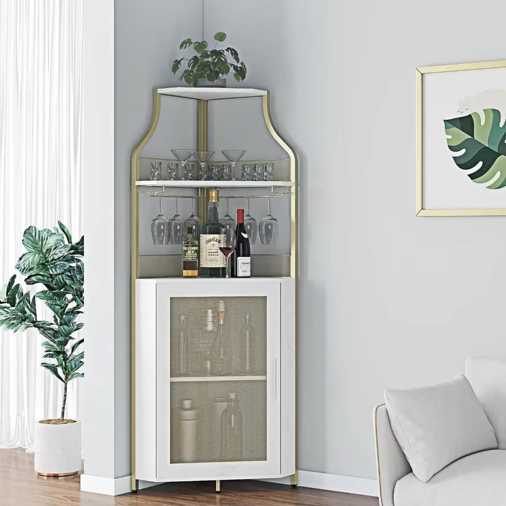 Corner Wine Bar Rack Cabinet with Detachable, Bar Cabinet with Glass Holder, Small Sideboard and Buffet Cabinet with Mesh Door - Dealshavens