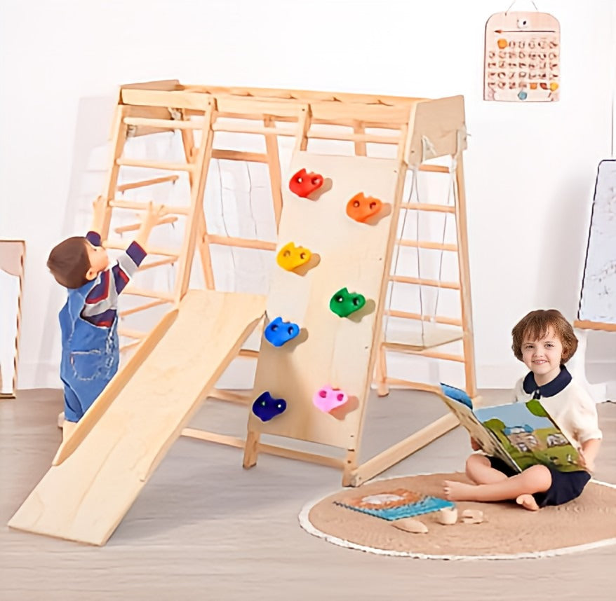 Toddler toy for indoor jungle gym with slide, climbing rock/net, monkey bars, swing, rope wall climber. Montessori Climber Activities