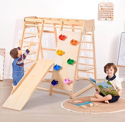 Toddler toy for indoor jungle gym with slide, climbing rock/net, monkey bars, swing, rope wall climber. Montessori Climber Activities