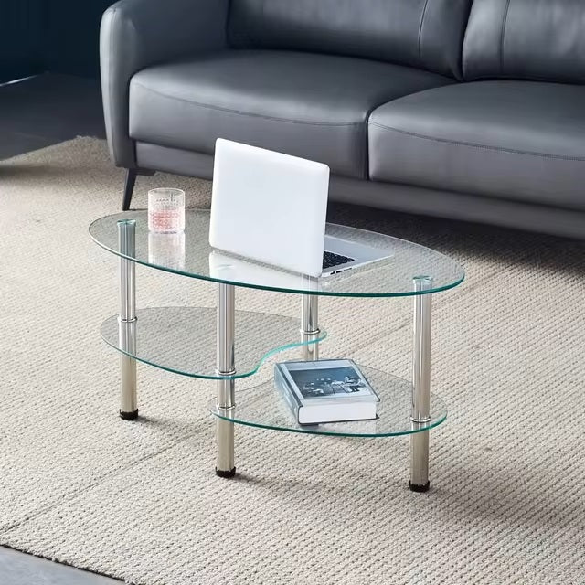 Oval-Shaped Glass Tea Table for Office, 3-Tier Storage rack Modern Coffee Table, End Table for Living Room (Black) - Dealshavens