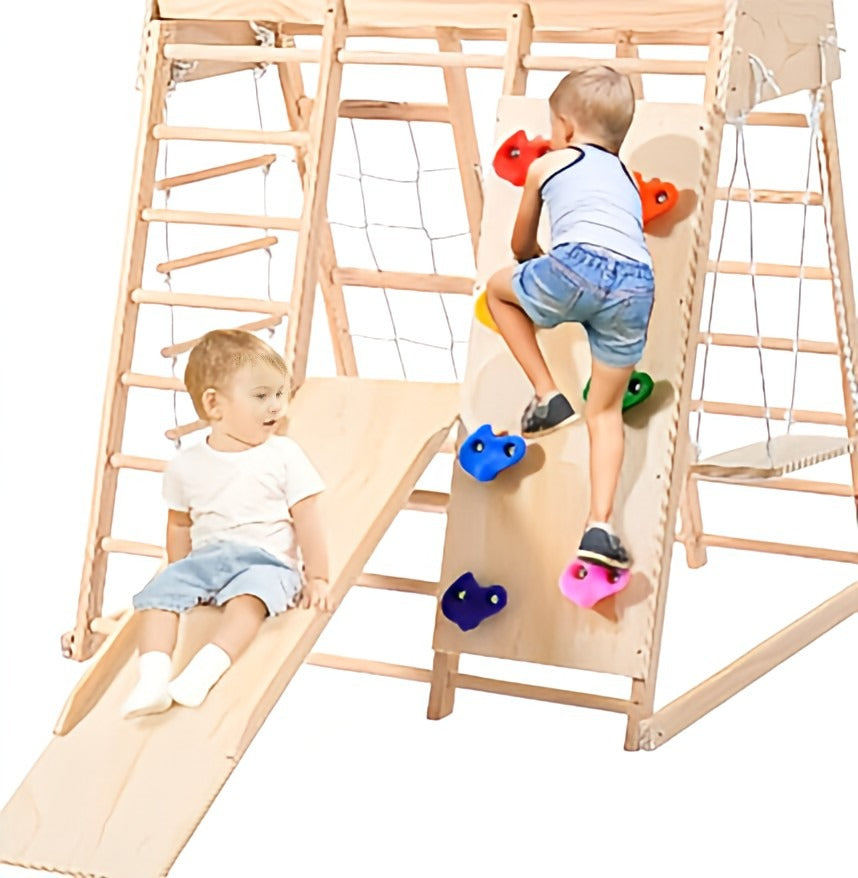 Toddler toy for indoor jungle gym with slide, climbing rock/net, monkey bars, swing, rope wall climber. Montessori Climber Activities