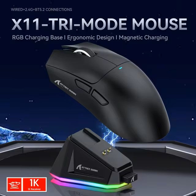 Attack Shark X11 Tri-mode Gaming Mouse with Magnetic Charging Dock, PixArt PAW3311 Sensor, 22K DPI, BT/2.4Ghz/Wired, for PC/MAC