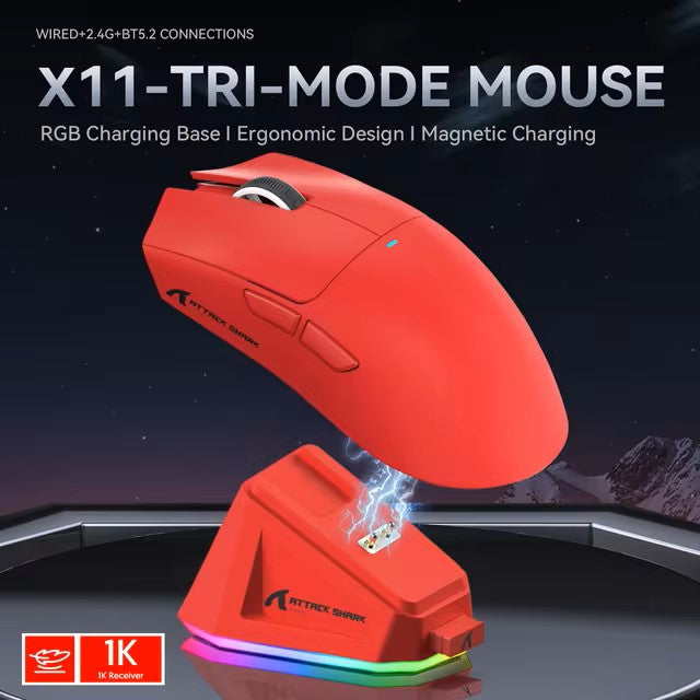 Attack Shark X11 Tri-mode Gaming Mouse with Magnetic Charging Dock, PixArt PAW3311 Sensor, 22K DPI, BT/2.4Ghz/Wired, for PC/MAC