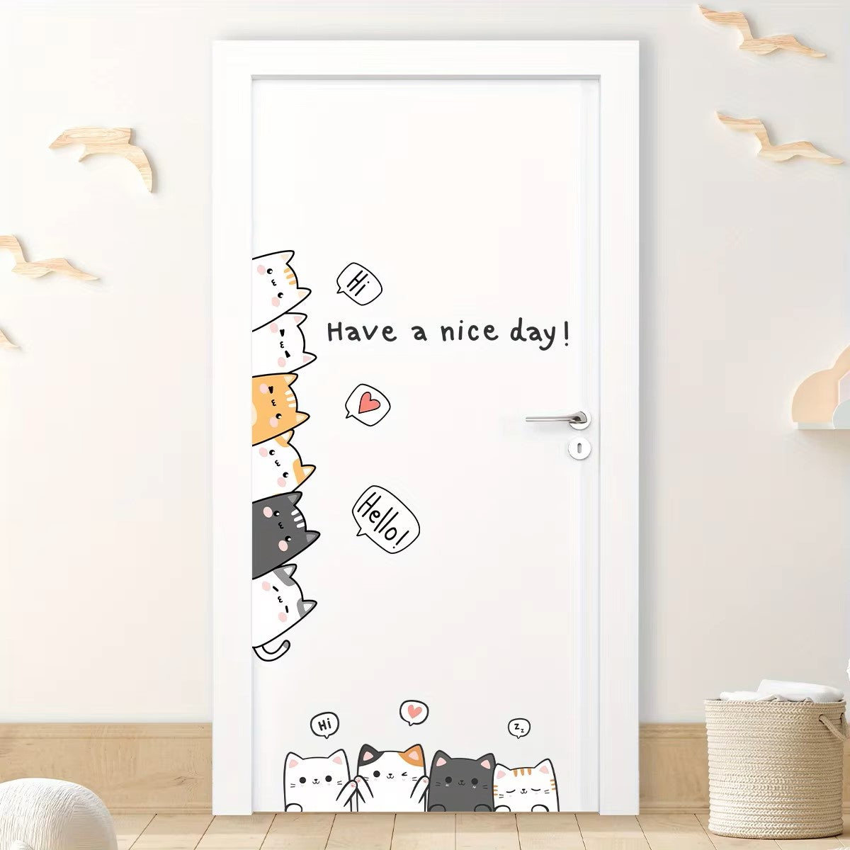 Cartoon Cute 10 Cats and English“have A Nice Day”animal Wall Stickers for Kids Room Living Room Door Decoration Wall Decals Dealshavens