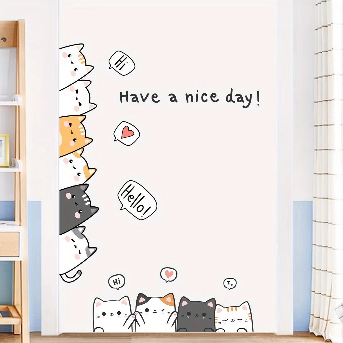 Cartoon Cute 10 Cats and English“have A Nice Day”animal Wall Stickers for Kids Room Living Room Door Decoration Wall Decals Dealshavens