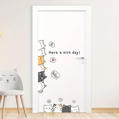 Cartoon Cute 10 Cats and English“have A Nice Day”animal Wall Stickers for Kids Room Living Room Door Decoration Wall Decals Dealshavens