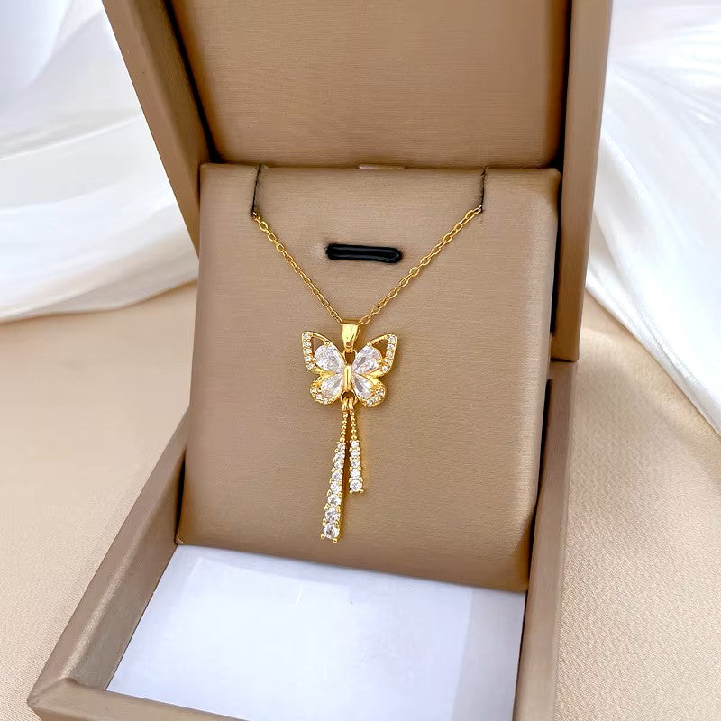 Classic Charming Romantic White Tassel Butterfly Necklace Fashionable Micro-inlaid Temperament Versatile Stainless Steel Gift Dealshavens