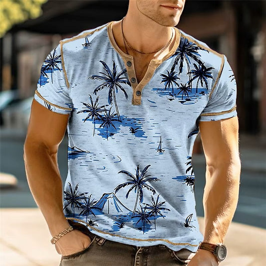 Coconut Tree 3D Printing Henry Men's Fashion Hawaiian Street Fashion Retro Button Short Sleeved T-shirt Men's T-shirts Tops