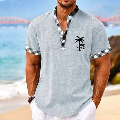 Coconut Tree Plaid 3D Print Henley Shirts Men's Casual Oversized Button Stand Collar Short Sleeve T Shirt Tees Tops Man Clothing