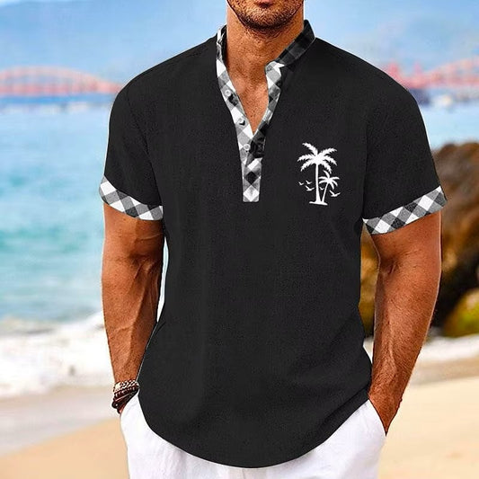 Coconut Tree Plaid 3D Print Henley Shirts Men's Casual Oversized Button Stand Collar Short Sleeve T Shirt Tees Tops Man Clothing