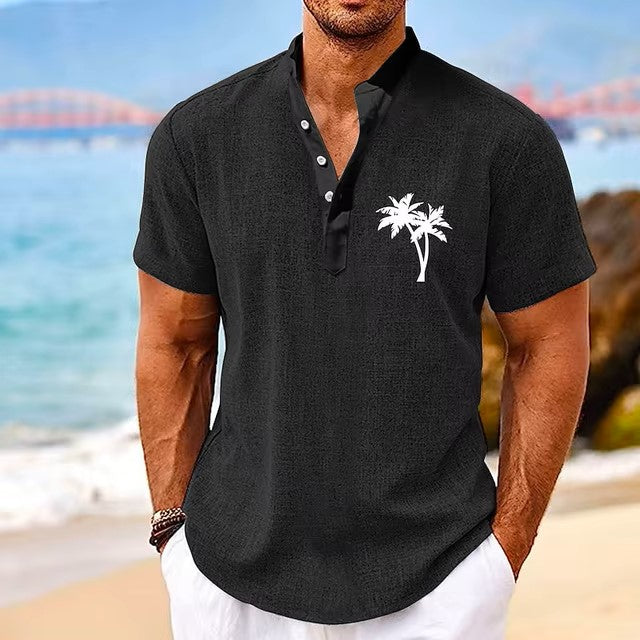 Coconut Tree Plaid 3D Print Henley Shirts Men's Casual Oversized Button Stand Collar Short Sleeve T Shirt Tees Tops Man Clothing