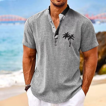 Coconut Tree Plaid 3D Print Henley Shirts Men's Casual Oversized Button Stand Collar Short Sleeve T Shirt Tees Tops Man Clothing