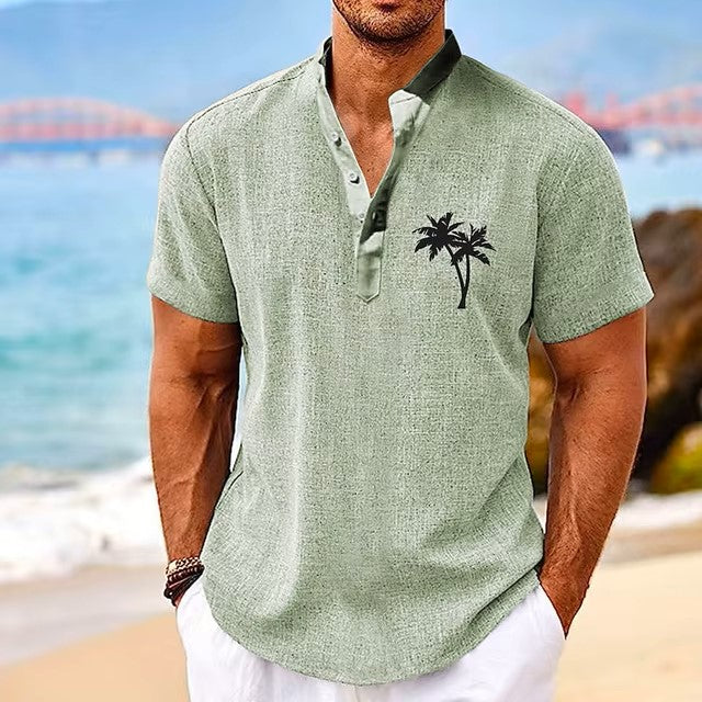 Coconut Tree Plaid 3D Print Henley Shirts Men's Casual Oversized Button Stand Collar Short Sleeve T Shirt Tees Tops Man Clothing