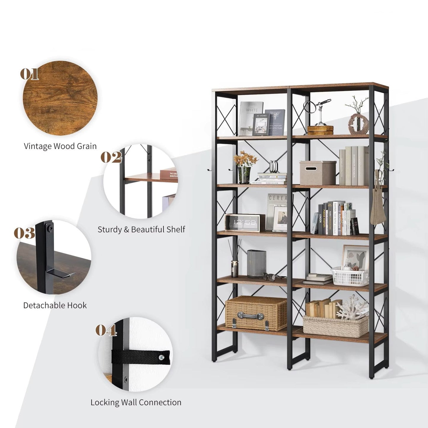Double Wide 6-Tier Bookcase, Industrial Bookshelf with Metal Frame, Open Large Book Shelf, Wood and Tall Display Shelves Dealshavens