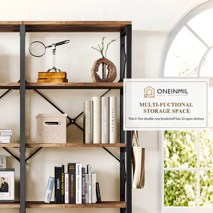 Double Wide 6-Tier Bookcase, Industrial Bookshelf with Metal Frame, Open Large Book Shelf, Wood and Tall Display Shelves Dealshavens