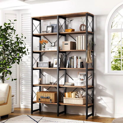 Double Wide 6-Tier Bookcase, Industrial Bookshelf with Metal Frame, Open Large Book Shelf, Wood and Tall Display Shelves Dealshavens