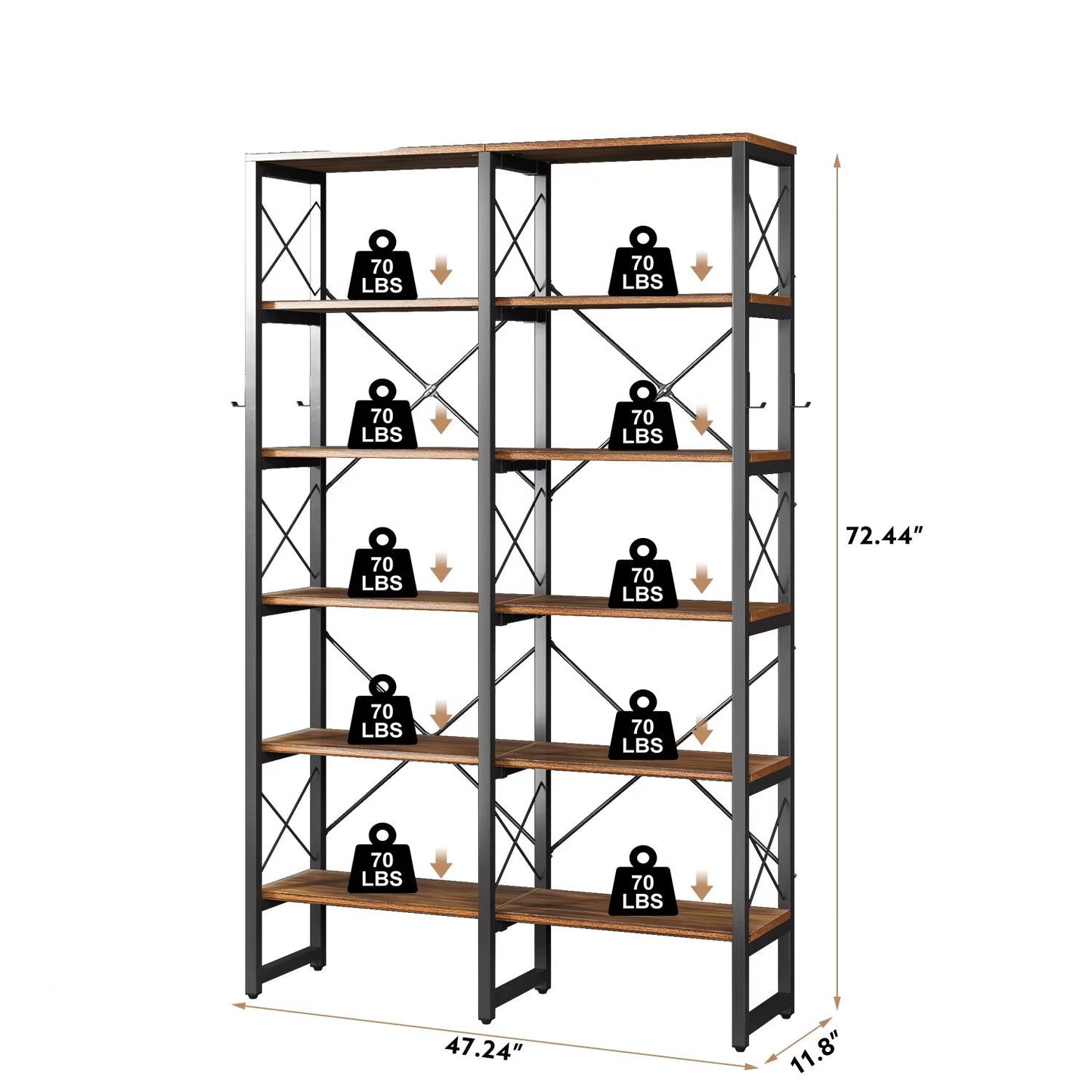 Double Wide 6-Tier Bookcase, Industrial Bookshelf with Metal Frame, Open Large Book Shelf, Wood and Tall Display Shelves Dealshavens