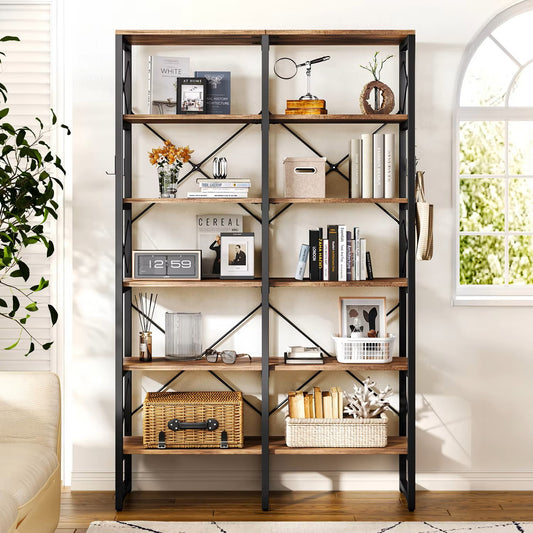 Double Wide 6-Tier Bookcase, Industrial Bookshelf with Metal Frame, Open Large Book Shelf, Wood and Tall Display Shelves Dealshavens