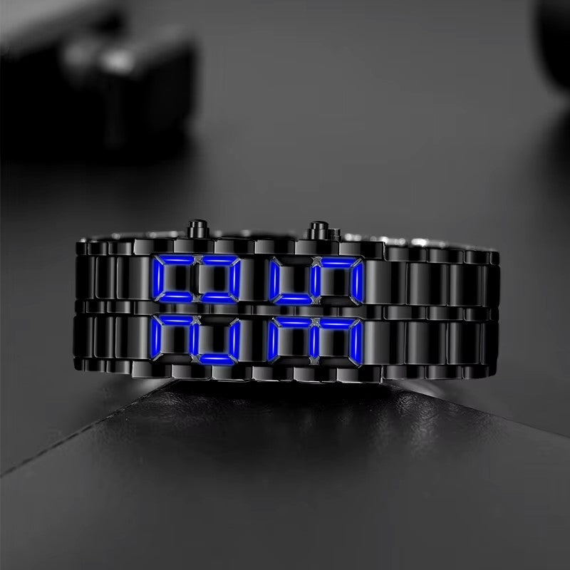 Fashion Black Full Metal Digital Lava Wrist Watch Men Blue LED Display Mens Watches Gifts for Male Boy Sport Creative Clock Dealshavens