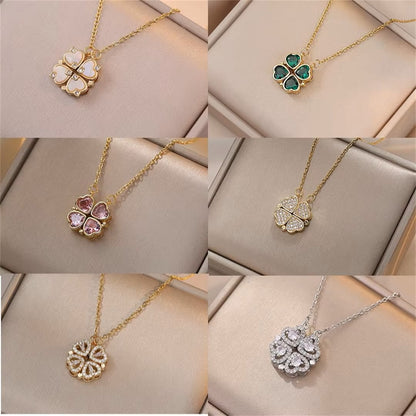 Fashion Retro Lucky Four Leaf Clover Women Necklace Gothic Love Heart Pendant Choke Chain Necklace Stainless Steel Jewelry Gift Dealshavens