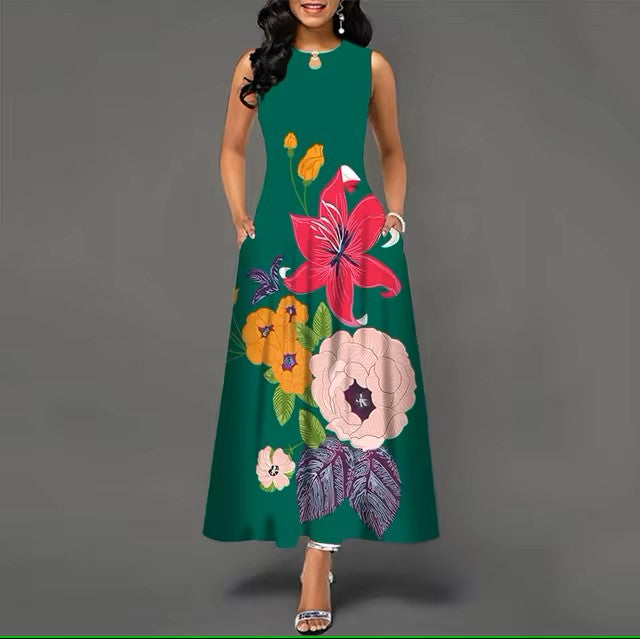 Flower Print New Casual Sleeveless Long Dress Women's V-Neck Printed Dress Swing Bohemian Retro Dresses