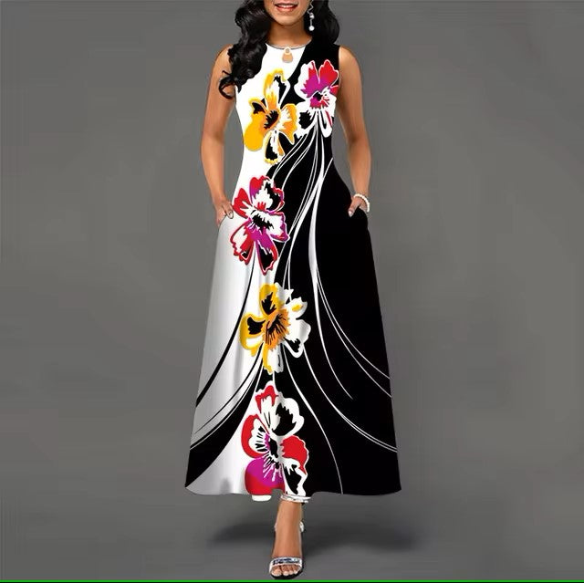 Flower Print New Casual Sleeveless Long Dress Women's V-Neck Printed Dress Swing Bohemian Retro Dresses