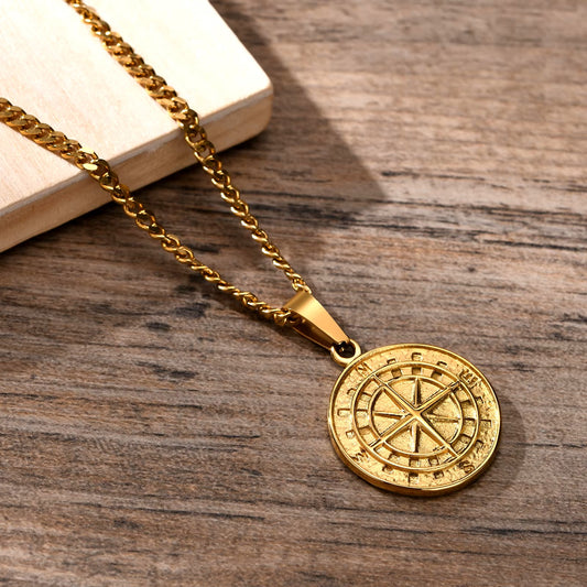 Gold Color Mens Compass Necklaces,Vintage Viking North Star Anchor Medal,Stainless Steel Pendant for Male Boyfriend Dad Gift Dealshavens