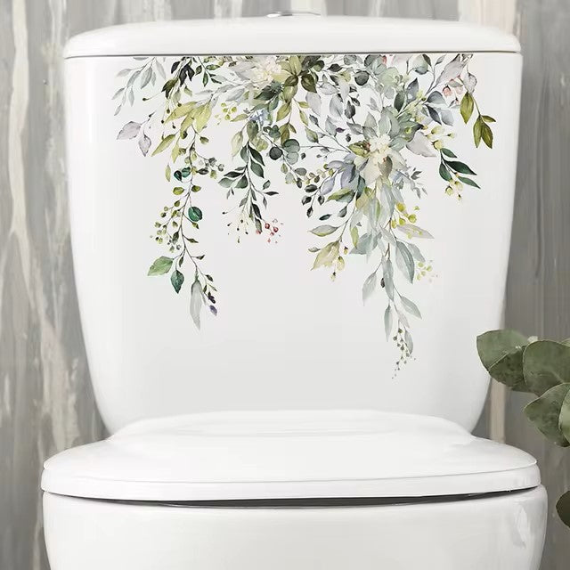 Green Plant Leaves Bathroom Toilet Sticker WC Closestool Wall Sticker Self Adhesive Mural Beautify Flower Home Decoration Decals Dealshavens