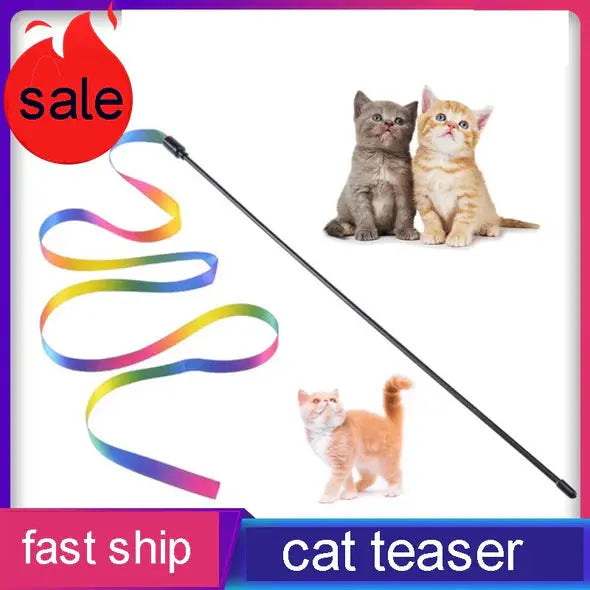 Cat Toys Funny Cat Teaser Rainbow Ribbon Cats Stick Toy Colorful Rod Teaser Wand Plastic Interactive Stick Cats Supplies new dealshavens 