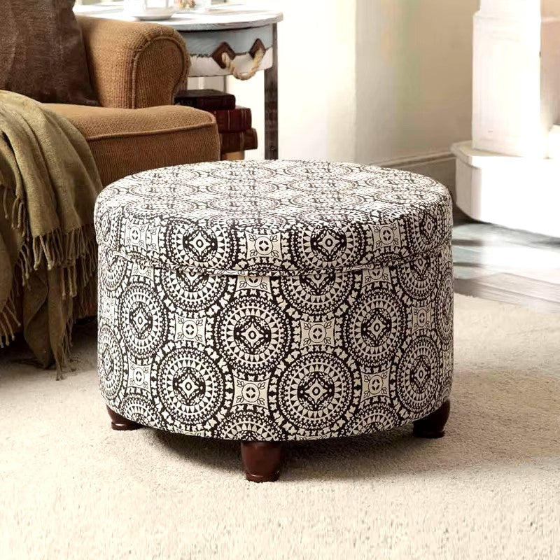Home Decor | Upholstered Round Storage Ottoman | Ottoman with Storage for Living Room & Bedroom, Black and White Medallion Large - Dealshavens