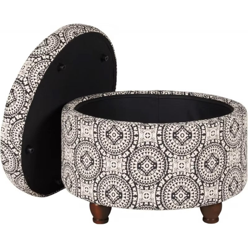Home Decor | Upholstered Round Storage Ottoman | Ottoman with Storage for Living Room & Bedroom, Black and White Medallion Large - Dealshavens