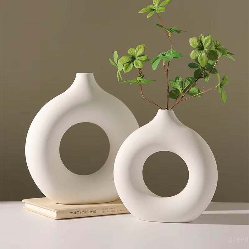 Ceramic Pure White Vase Decorative Vasen Single Branch Flower Arranging Ornament Donut Design Flowerpot Table Decor - Dealshavens