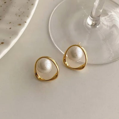 Imitation Pearl Earring for Women Gold Color Round Stud Earrings Korean Delicate Irregular Design Unusual 2023 Fashion Jewelry dealshavens