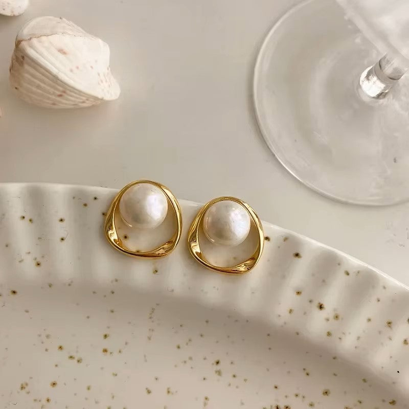 Imitation Pearl Earring for Women Gold Color Round Stud Earrings Korean Delicate Irregular Design Unusual 2023 Fashion Jewelry dealshavens