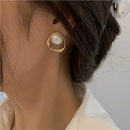 Imitation Pearl Earring for Women Gold Color Round Stud Earrings Korean Delicate Irregular Design Unusual 2023 Fashion Jewelry dealshavens