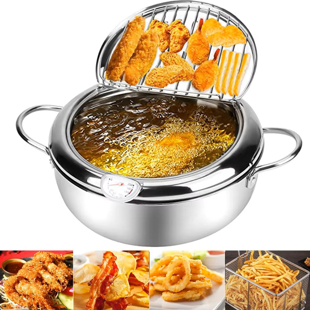 Kitchen Tempura Fryer Pan Fryer Without Oil Frying Pan Fryer Japanese Deep Fryer With Thermometer and Lid 304 Stainless Steel - Dealshavens