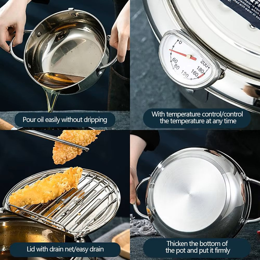 Kitchen Tempura Fryer Pan Fryer Without Oil Frying Pan Fryer Japanese Deep Fryer With Thermometer and Lid 304 Stainless Steel - Dealshavens