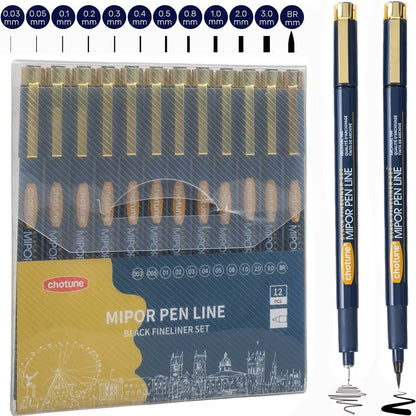 Japanese Sakura Pigma Micron Pens Set of 12 Black Fineliner Marker Pens Pigment Liner Manga Art Sketching Drawing Comic Design